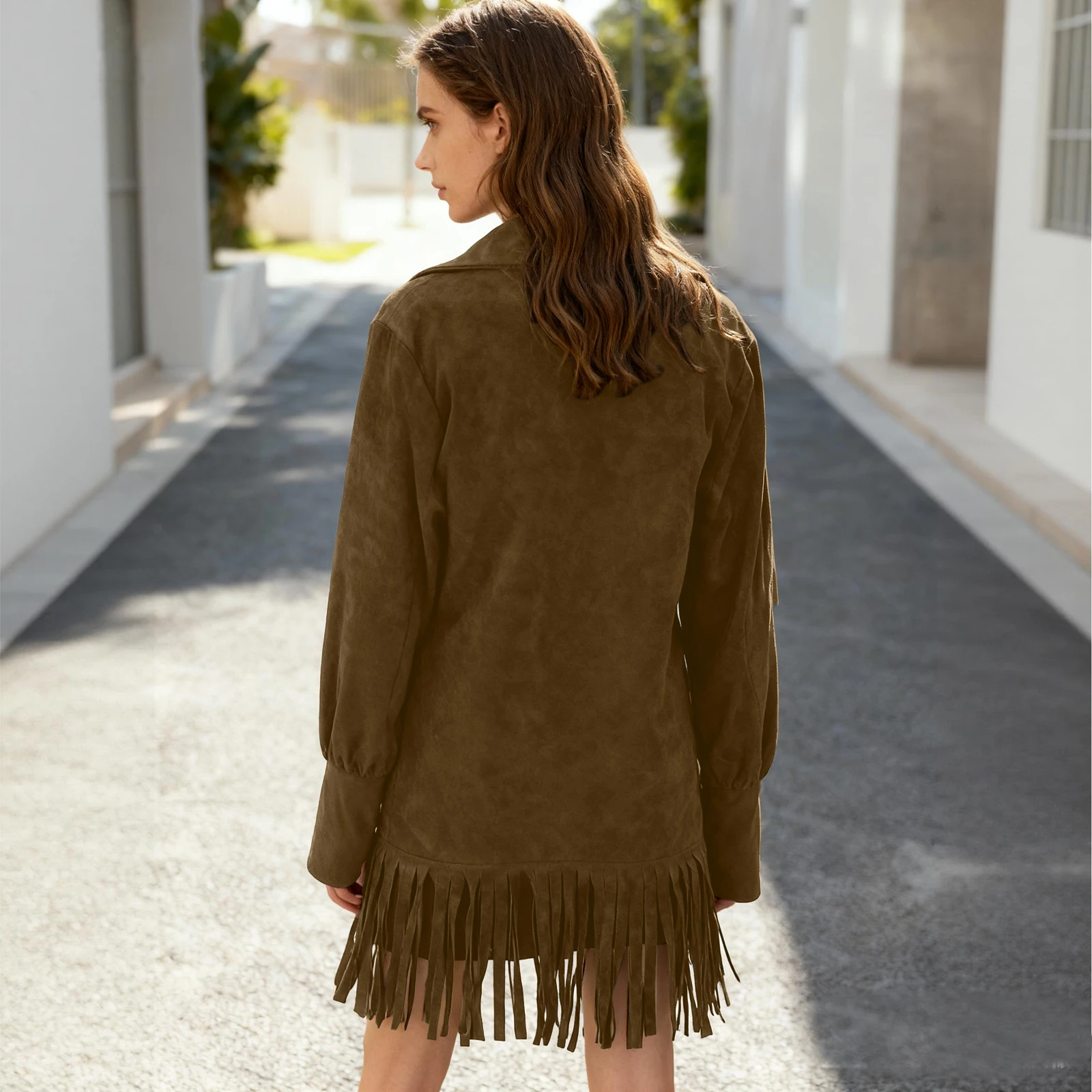 Robes femmes Mini robes Olive daim col frange manches bouffantes robes décontracté quotidien 2026 à la mode élégant tenue Vestido