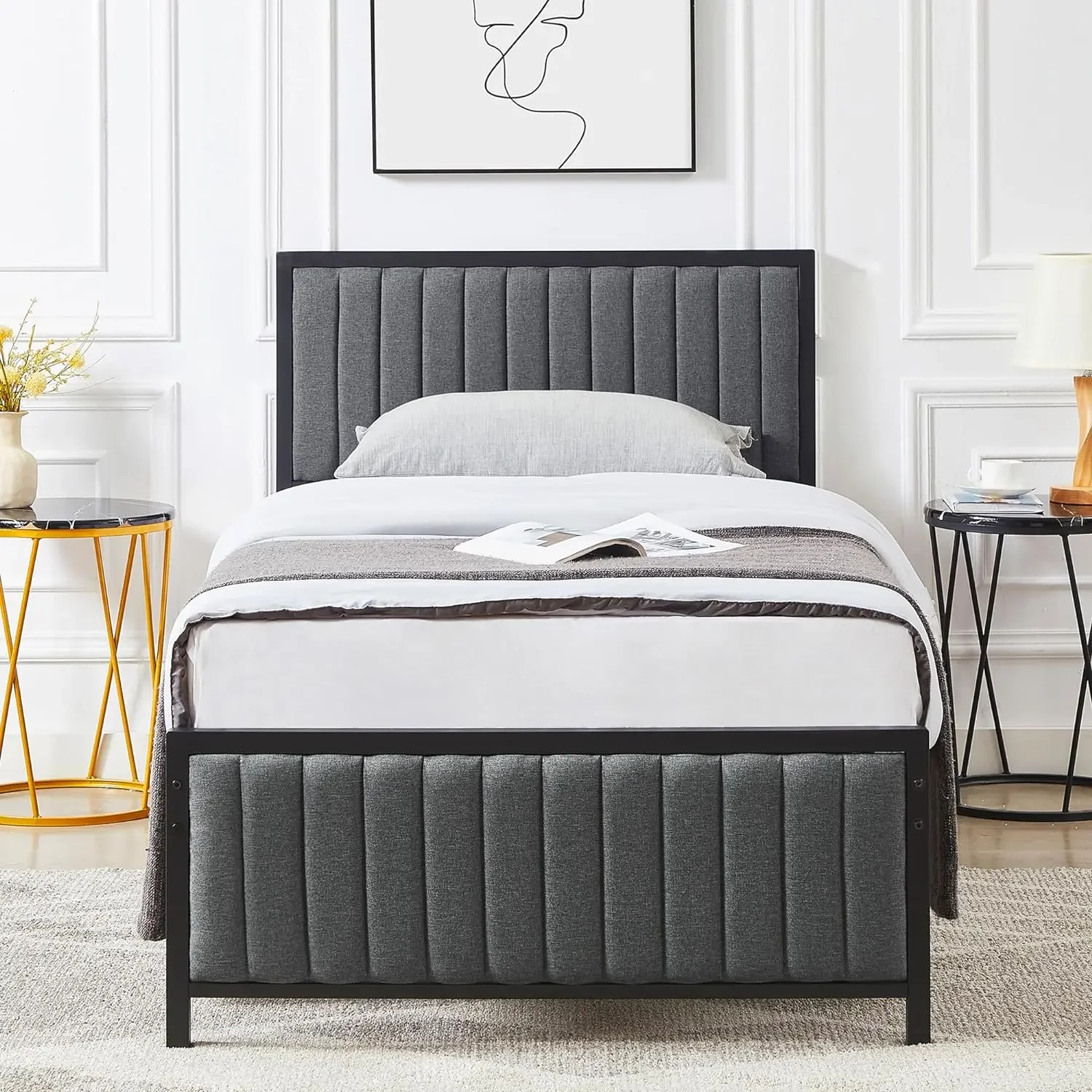 Bedframe Met Gestoffeerd Getuft Hoofdeinde En Voetenbord, Heavy Duty Stalen Latten Platform, Geen Boxspring Nodig