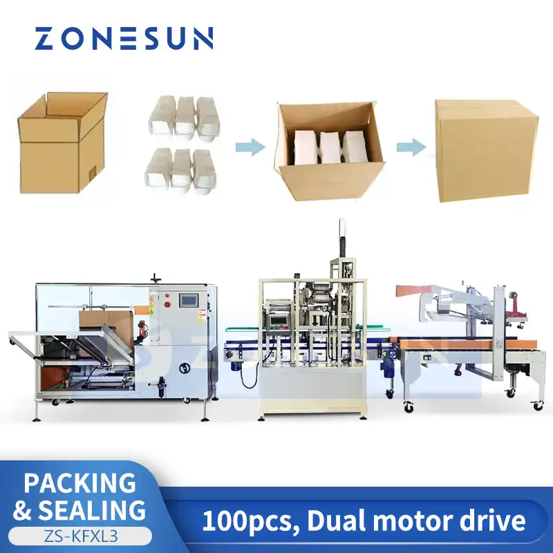 ZONESUN ZS-KFXL3 Automatic Carton Case Packer Sealing Machine Dual Motor Drive Box Erector Packaging Line Tape Gluer Machinery