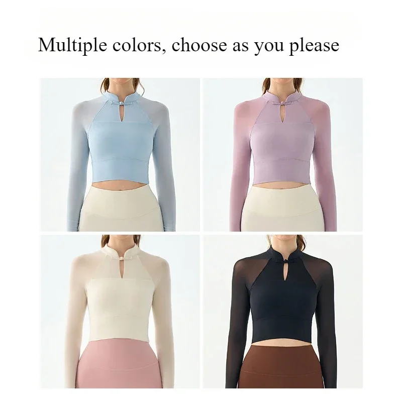 Sexy Fitness Top Women Long Sleeve with Chest Pads Slim-fitting Soft Sports Blouse Disc Buckle Stand-up Collar New Chinese Tops