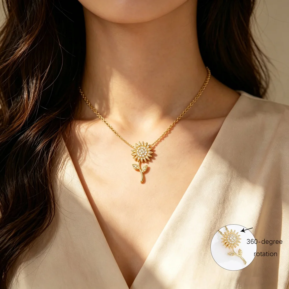 1Pc Unique 360° Rotatable Sunflower Necklace, Gold Rhinestone Pendant for Women, Great Gift for Girlfriend & Best Friend