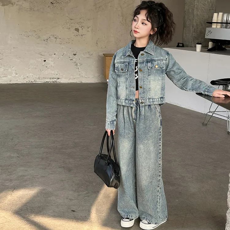 Girls Set 2026 Spring New Korean Edition Cowboy Jacket Wide Leg Pants Two Piece Set Casual Fashion Daily Elegance