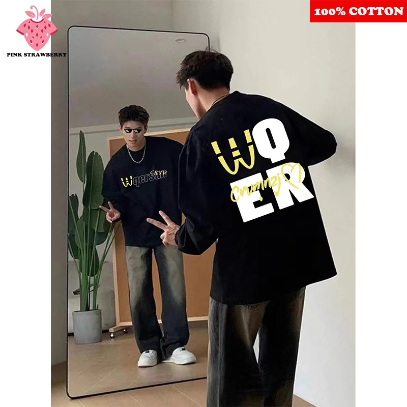 

Oversize American retro T-shirt Men Autumn 2025 New 100% Cotton Black Long sleeved sports Gym Casual Tee Top Y2k Male clothing
