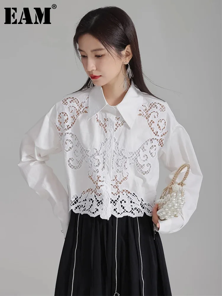 [EAM] Women White Hollow Out Lace Big Size Short Blouse New Lapel Long Sleeve Shirt Fashion Tide Spring Autumn 2024 1DH4004