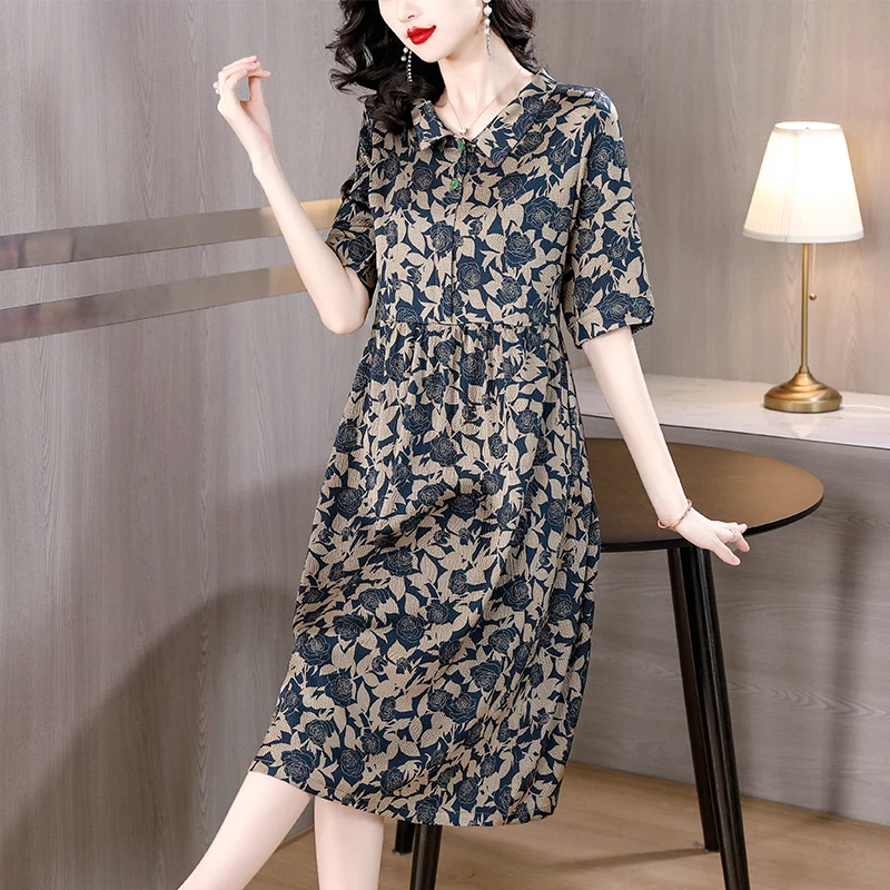 

2023 New Fashion Silk Printed Dress Women's Summer Versatile Mulberry Silk 5/4 Sleeve Loose Fit Casual Holiday Dress Vesidos