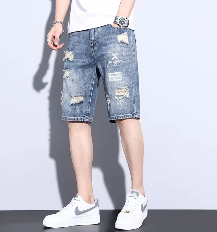 

Trendy Ripped Slim Fit Summer Denim Shorts for Men Thin Straight Leg Five-Quarter Pants Casual Wear Youth Popular Style