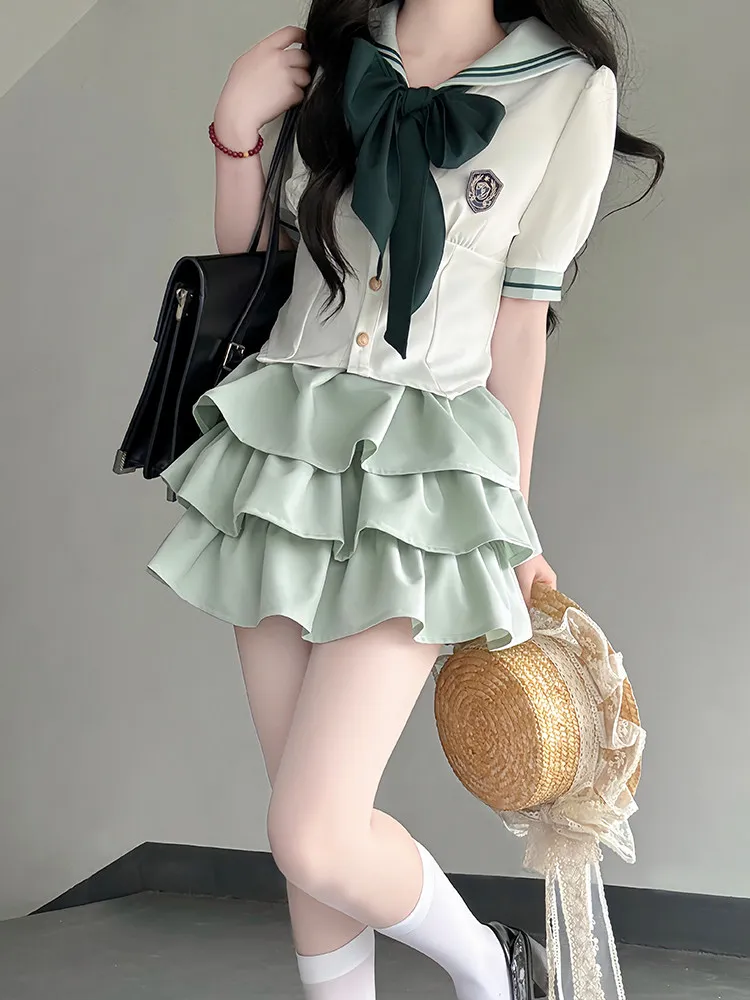 

Original JK Uniform Sailor Suit College Style Japanese Women's Summer Suit Green Waist Short Sleeve Cake Skirt Set for Women