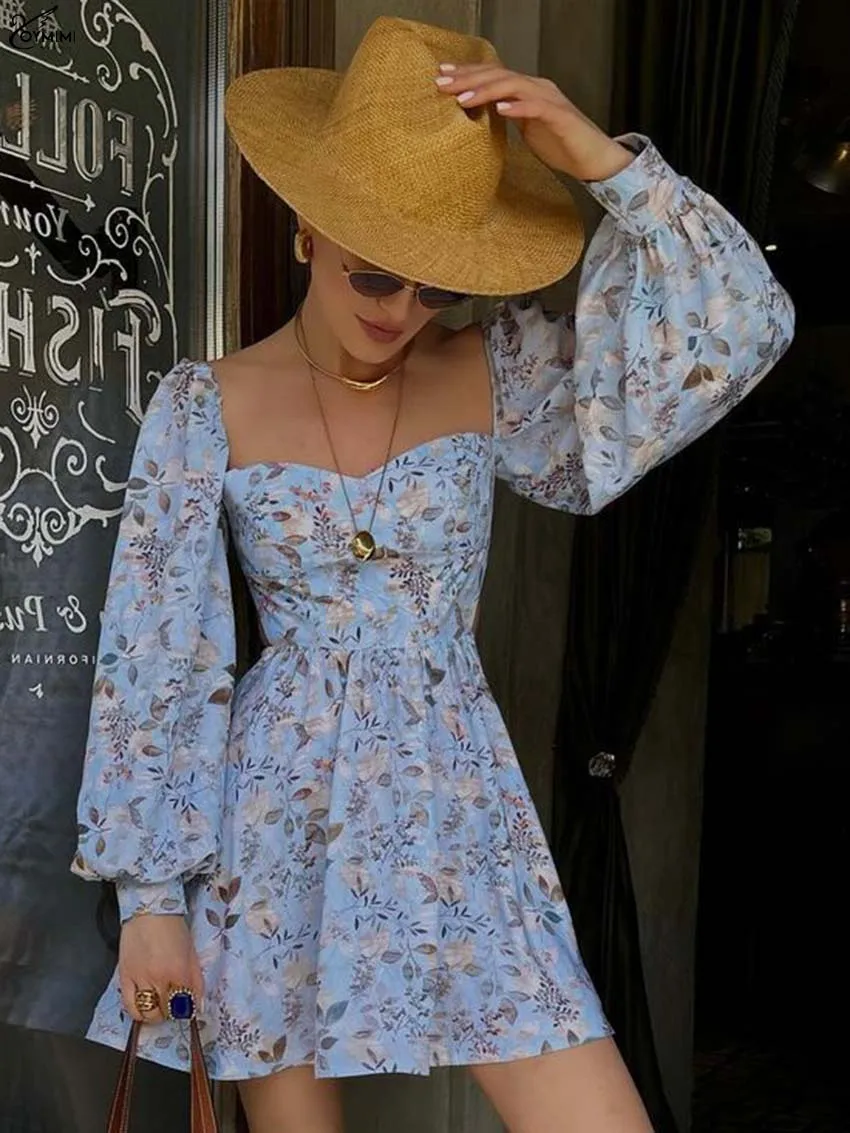 

Oymimi Fashion Blue Print Women's Dress Elegant Square Neck Long Sleeve Open Back Dresses Autumn Lace-Up Pleated Mini Dresses