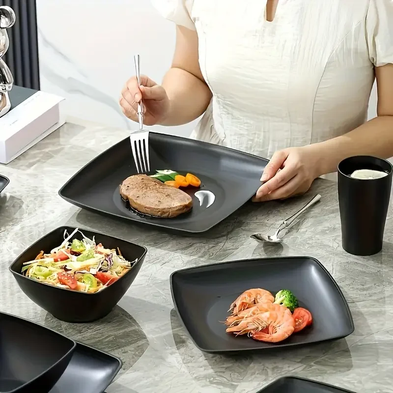 16/32 Piece Square Steak Plate Salad Bowl Tableware Set, Square Plate Bowl Cup, Environmentally Friendly and Durable