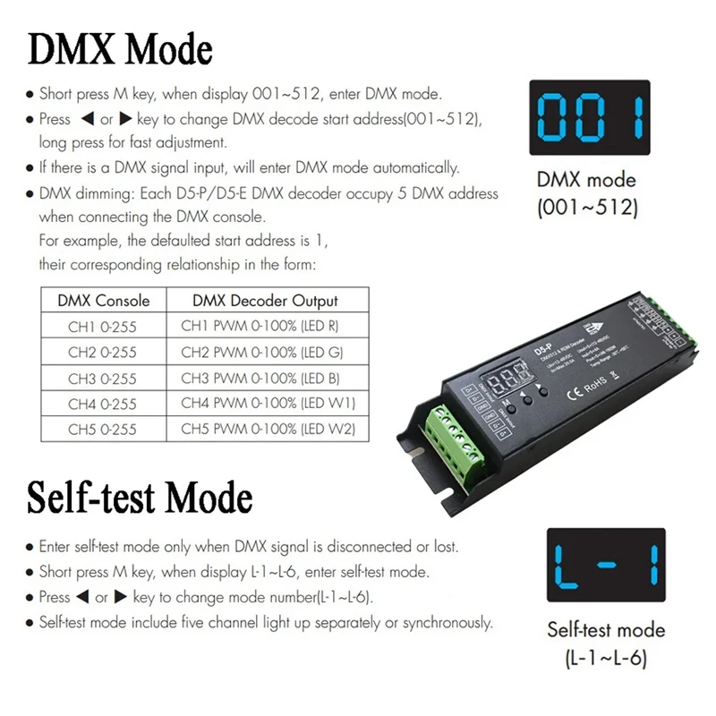 

【BUY NOW】5 Channel DMX Decoder with RDM Digital Display Dimmer Driver PWM RGBCCT LED Controller LED Module Light Input 12V-48VDC