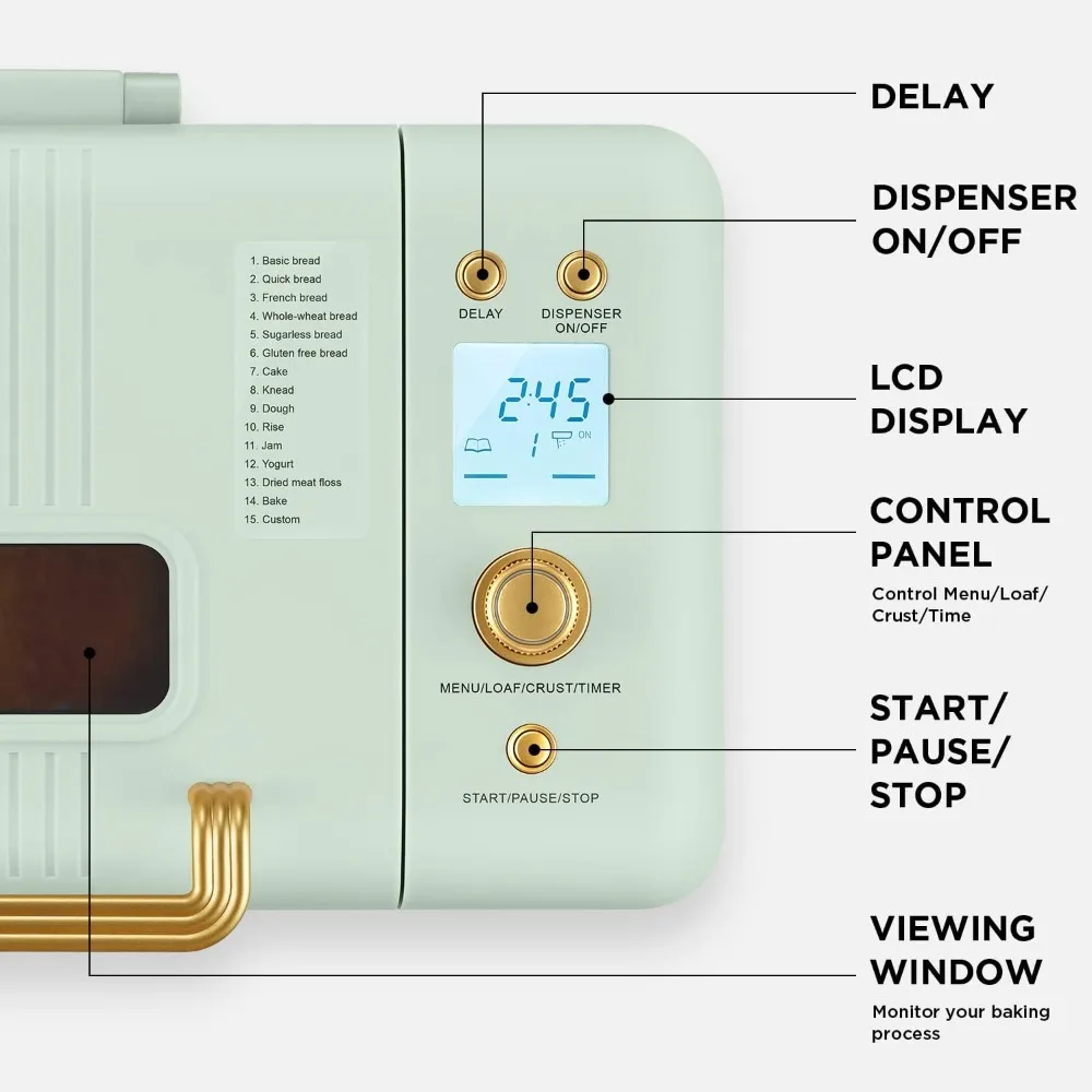 เครื่องทำขนมปังอัตโนมัติ15-in-1 2LB เครื่องผลิตขนมปังเครื่องทำขนมปังอัตโนมัติพร้อมการตั้งค่าแป้งไร้กลูเตนเครื่องจ่ายถั่วอัตโนมัติ