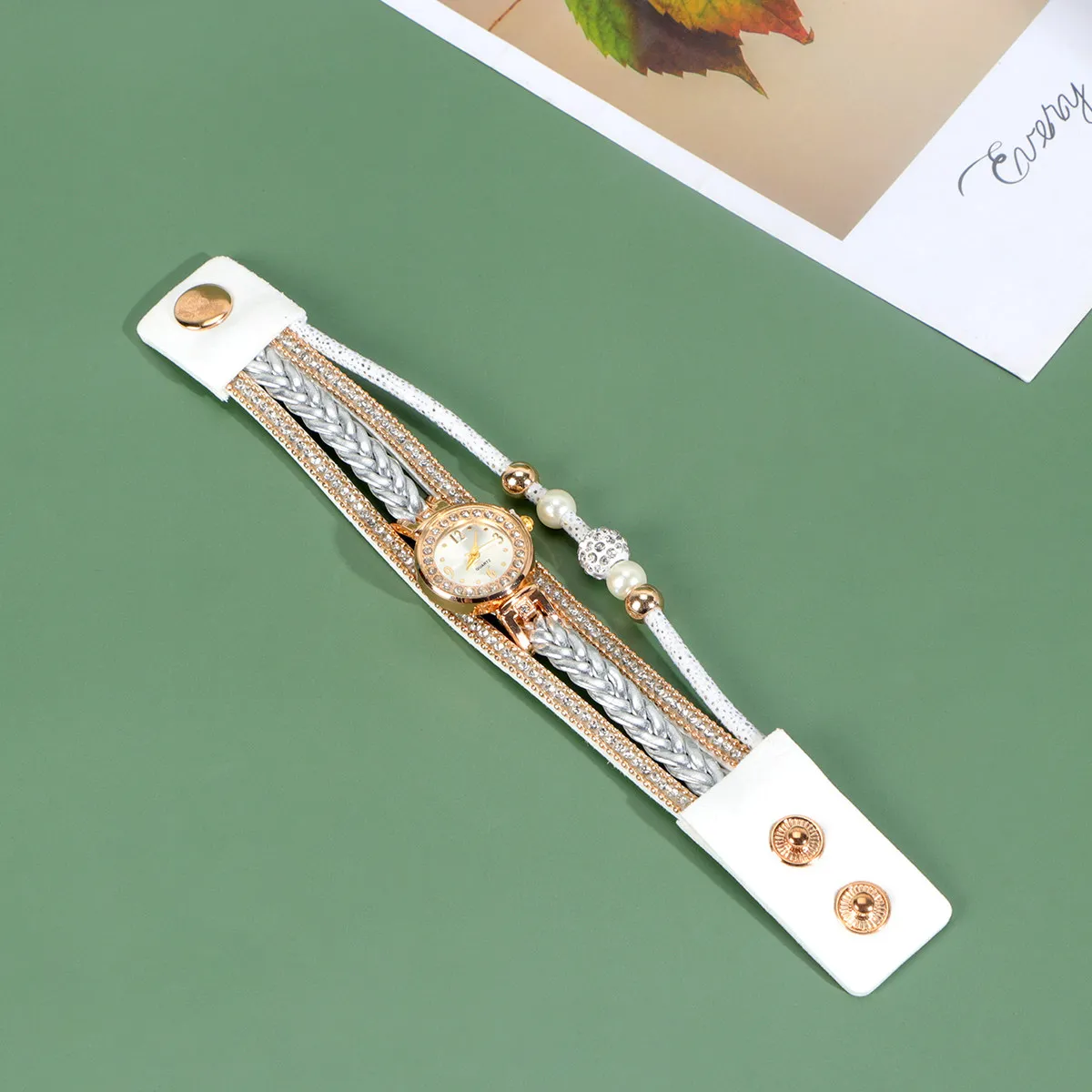 Fashion Women Watch with Rhinestone Detail Braided Wristband Quartz Movement Comfortable Wear Birthday Gift Chic Style White