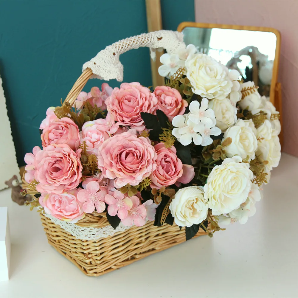 Künstliche Blumen Retro Seide Rose Bouquet Hortensie Pfingstrose Vintage Braut hält gefälschte Pflanzen Home Hochzeit Dekoration Zubehör