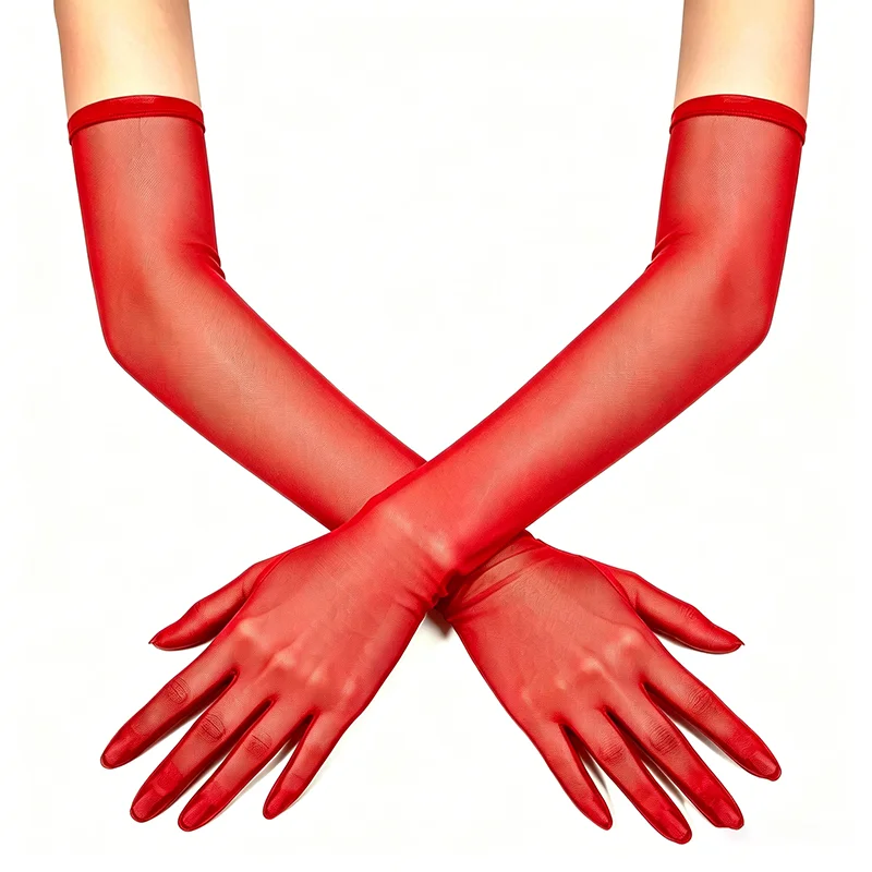 55cm Bonbonfarbene Dehnbare Netz-Lange Handschuhe Damen Sexy Sonnenschutz Atmungsaktiver Transparenter Tüll für Hochzeit Party Bühnenauftritt – Detail 3