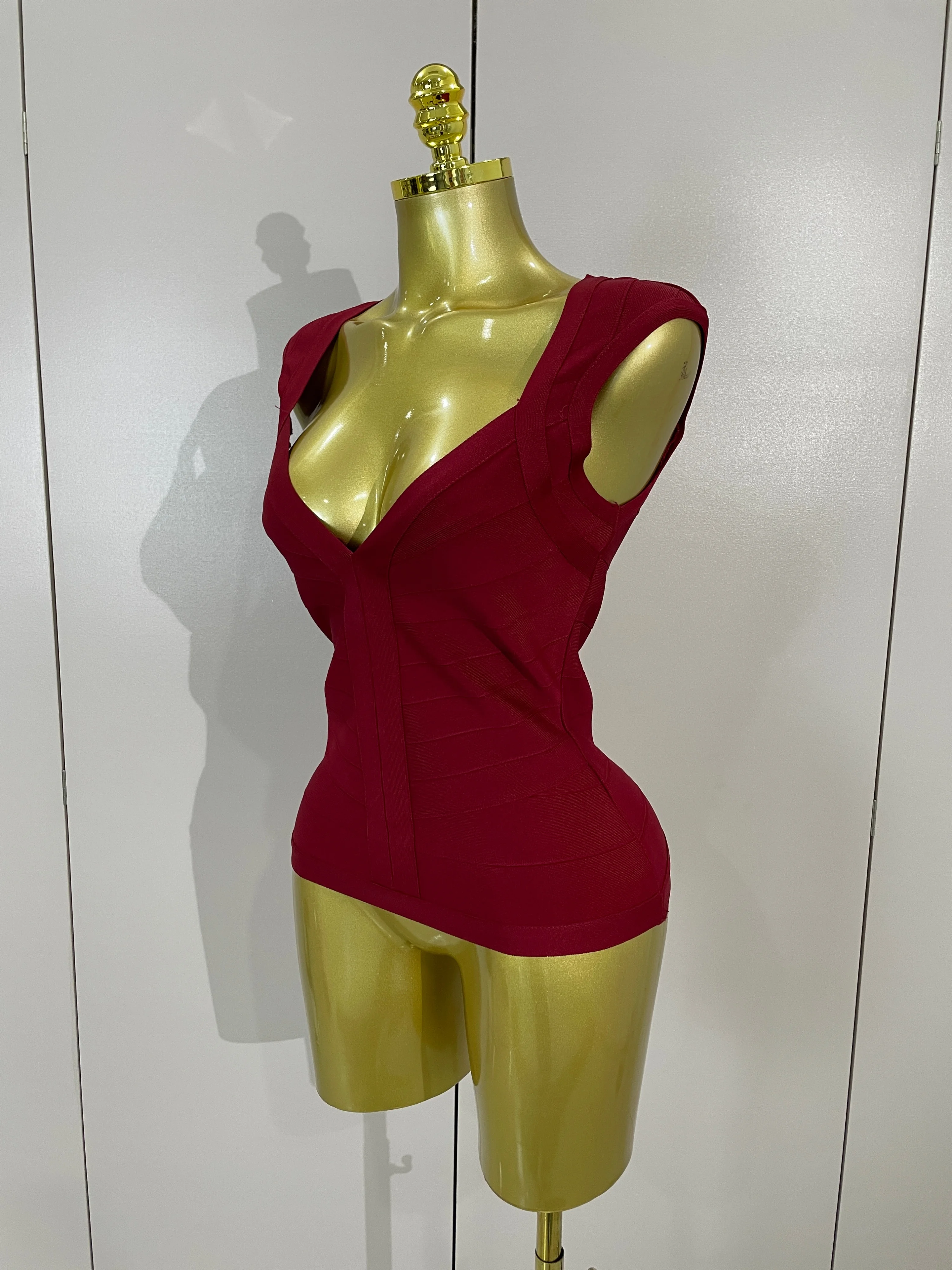 Sexy Sleeveless Deep V-neck Bodycon Bandage Vest Top Women Elegant Solid-color Evening Birthday Party Club Gown Stage Outfit