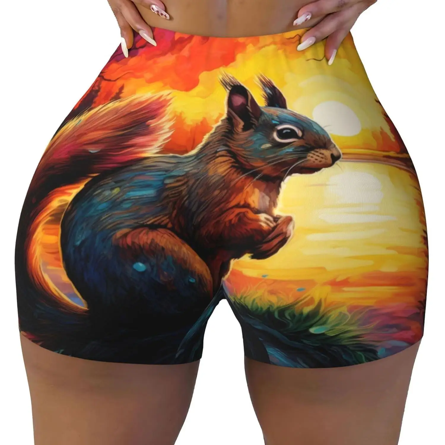 Sunset Squirrel Pantaloncini da allenamento con stampa a vita alta da donna Pantaloncini da yoga elasticizzati per lo sport Atletico Corsa Escursionismo Biker Yoga Palestra
