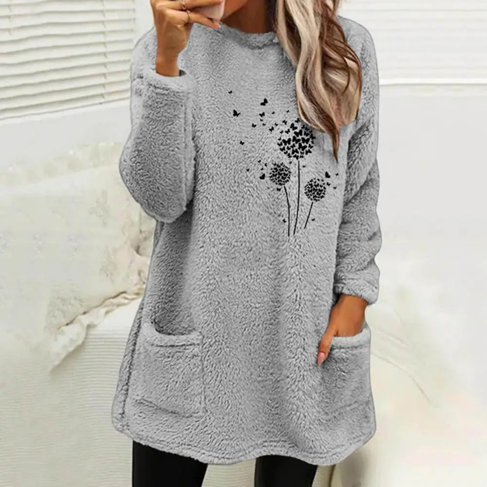 Women Winter Sweatshirt Flower Print Thicken Plush Long Sleeves O Neck Cold-proof Side Pockets Fall Sweatshirt Female Clothes