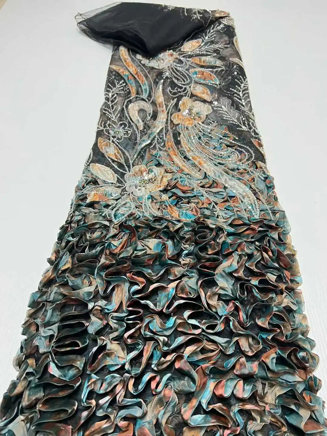 

New 3D Flower Sequins Fabrics Beaded Lace Fabric Wedding Dress 2025 Beaded French Mesh Lace With Sequence For Sewing