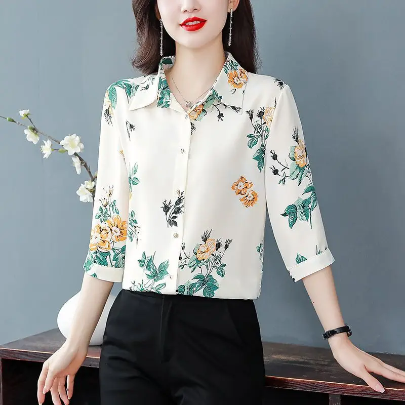 Spring Autumn Turn-down Collar Women\'s Chiffon Button Up Long Sleeve Plant&Flowers Printing Cardigan Shirt Casual Elegant Tops