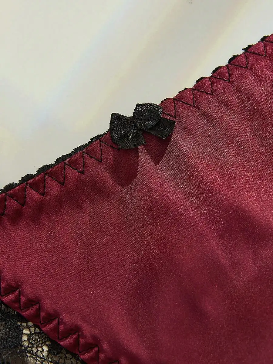 

3 Pack Contrast Lace Bow Decor G-String Panties Solid Color