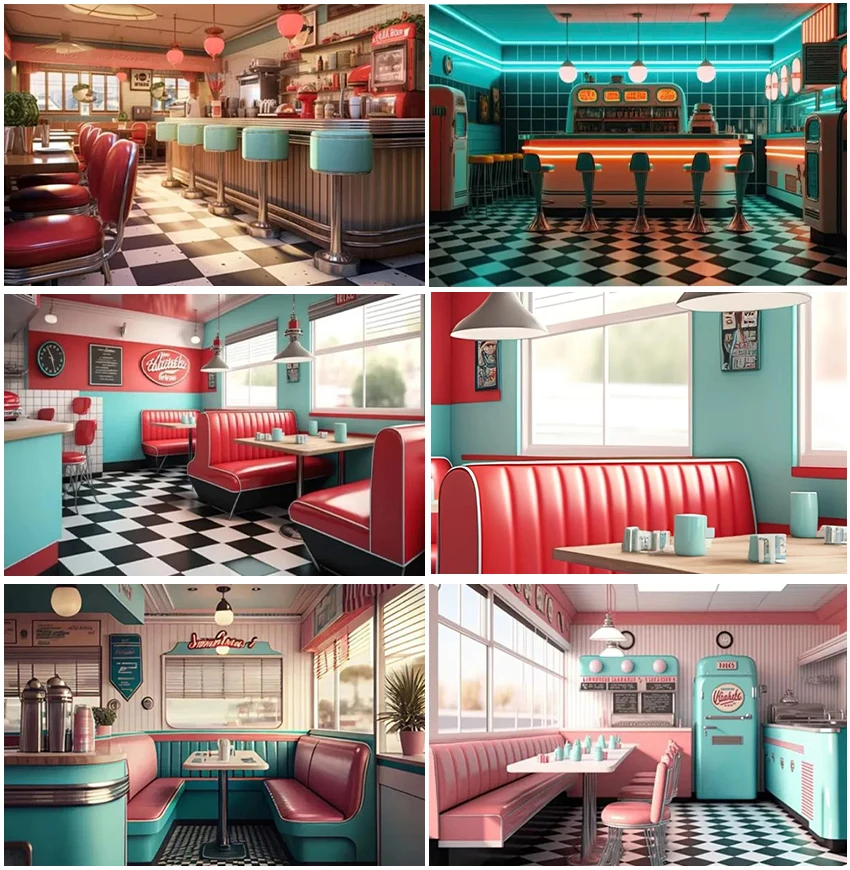 

Retro Restaurant American Style 1950s Backdrops Photographic Fast Food Vintage Cafe Store Backgrounds Diner Room Banner Props