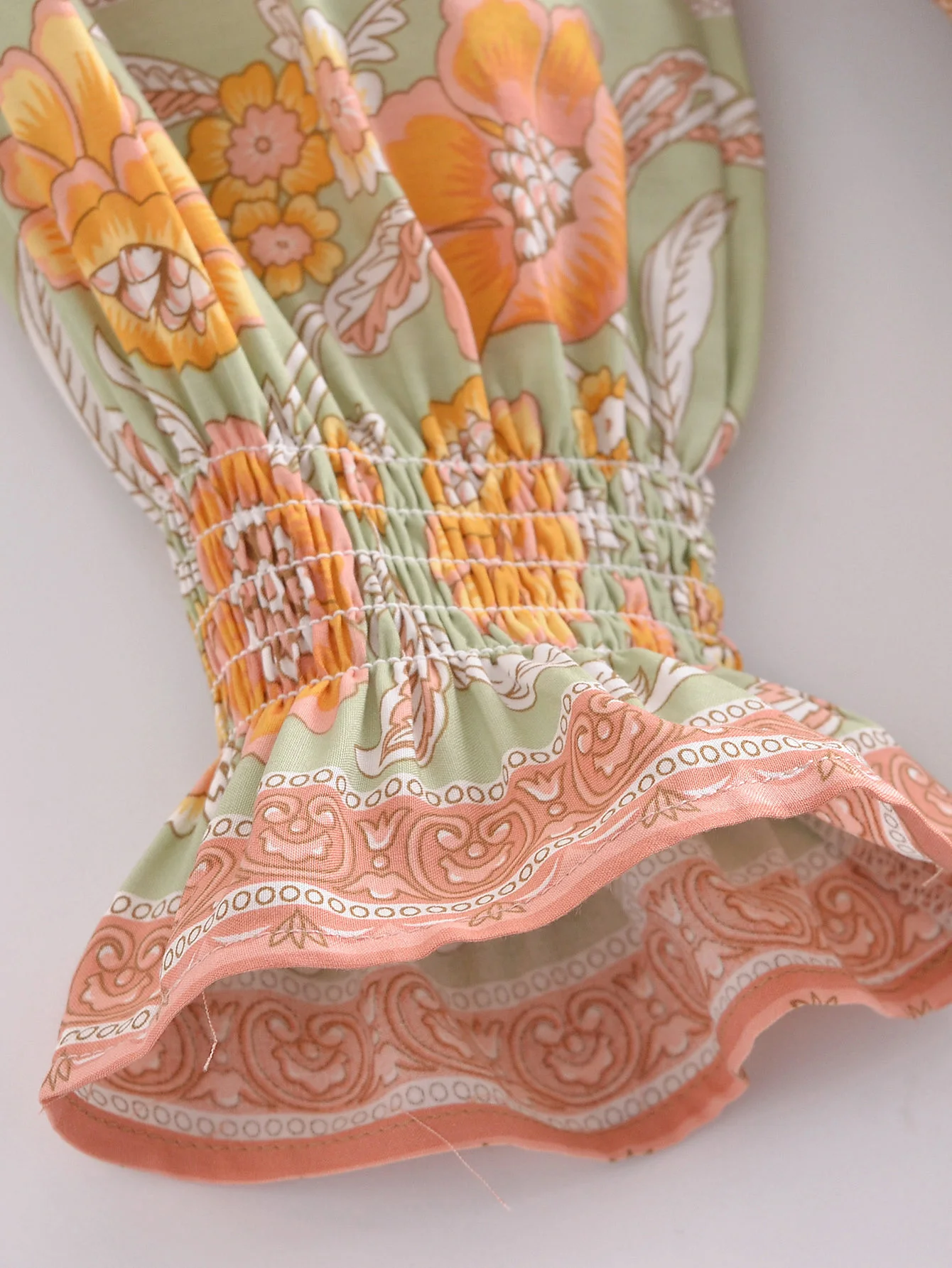 BOHO Orange Floral Print Women Long sleeve Dress Holiday Tide Bow Sashes Center Buttons Maxi Dresses Holiday Robe Vestido