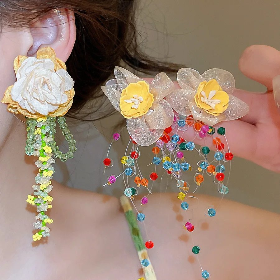 

Bohemia Fabric Chiffon Flower Drop Earrings for Women Multicolor Glass Beaed Tassel Pendant Earrings Summer Beaach Party Jewelry