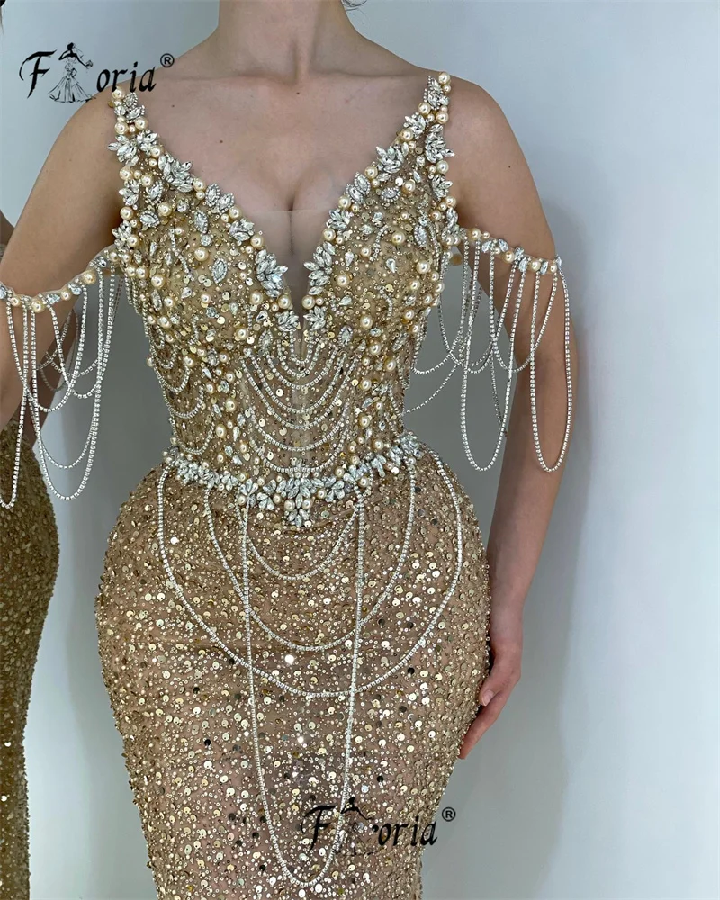 Luxe Kralen Kwastjes Galajurken Voor Vrouwen 2023 Gouden Strass Kristallen Avondjurk Celebrity Ceremonie Parels Vestidos