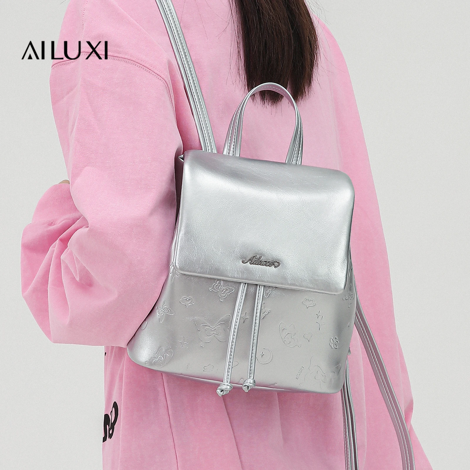 

AILUXI Silver Backpack for Girl 2025 Original Designer Handbag Fashion Versatile Travel Commuter Small Bag Christmas Gift