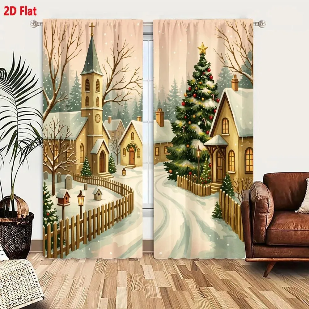 2PCS Digital Print Curtains, Christmas Snowy Village Church Pine Tree Winter Scene, Vintage Watercolor Style - Christmas Holiday