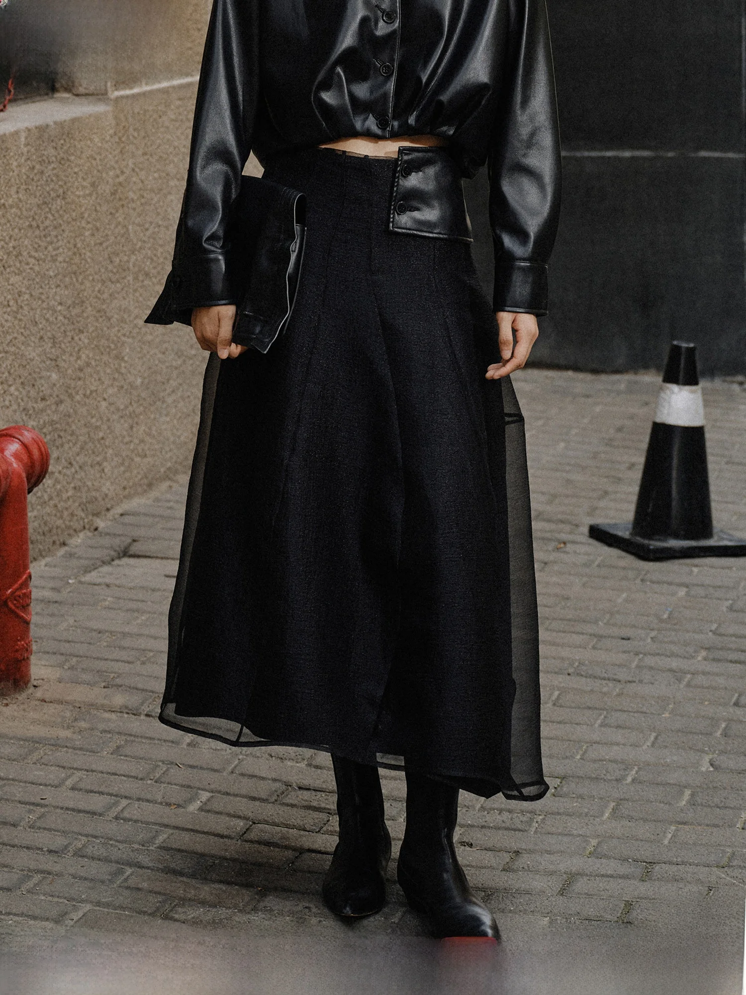 

Ele A-Line Skirt in Chiffon And Leather Patchwork for Women Casual High Waist Midi Slimming Versatile Spring Faion