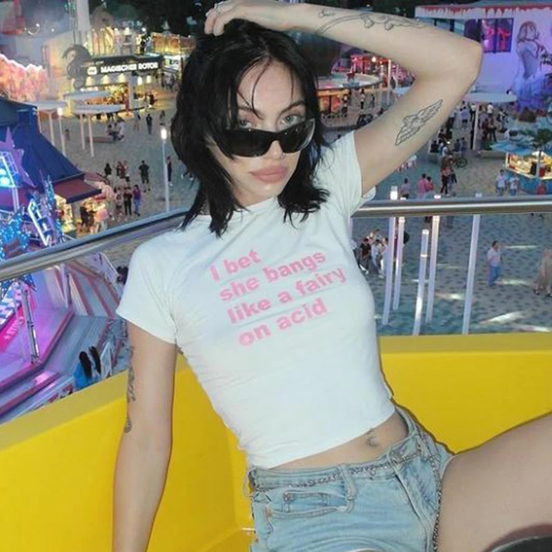 2023 Summer Slim Sexy Y2k Women Short Sleeve O-neck Crop Top I Bet She Bangs Like A Fairy On Acid Print White Female T-shirt Emo