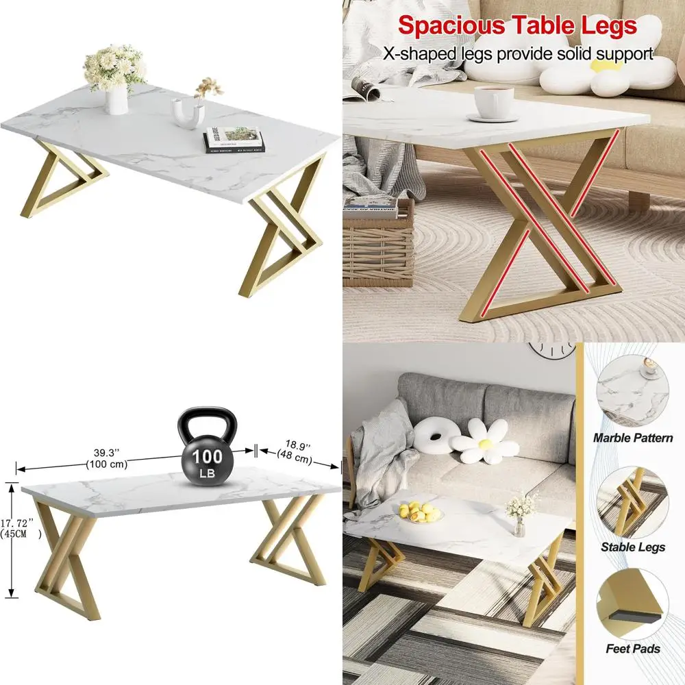 Modern White Marble-Look Rectangular Coffee Table with Gold Metal Frame for Living Room and Office