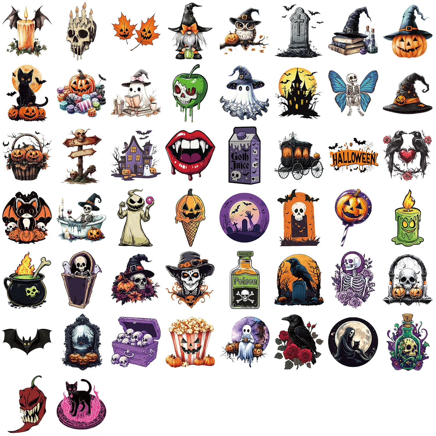 50 szt. Halloweenowe Naklejki z Motywem Ducha i Dyni, Urocze Kreskówkowe Naklejki dla Dzieci, Zabawka DIY na Notatnik, Kask, Samochód, Przezroczyste Naklejki PET