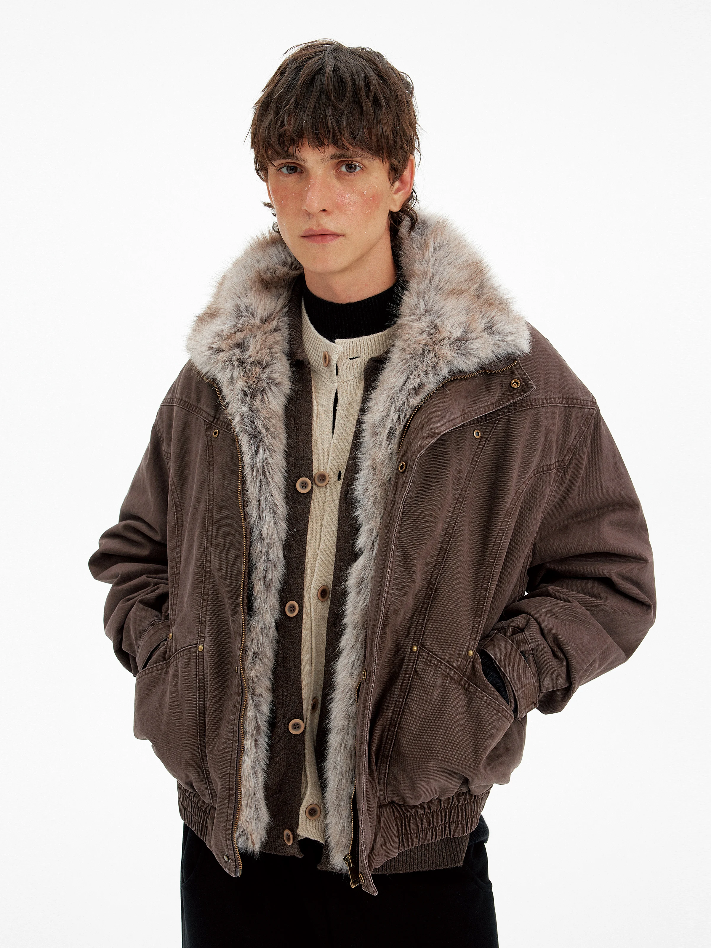 Men's 2025 Winter New Retro Fashion Multi-Pocket Tooling Parkas Loose Detachable Faux Fur Collar Coats Trendy Long Sleeve Parkas