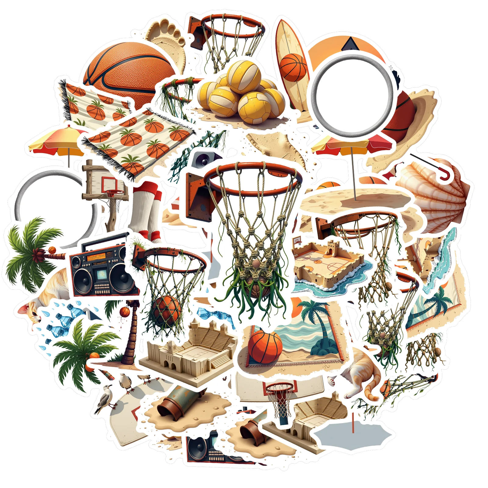 35pcs-70pcs Realistic Stickers Vivid Stationery Stickers Basketball Stickers For Notebook Luggage Mobile Phone Cup Guitar DIY