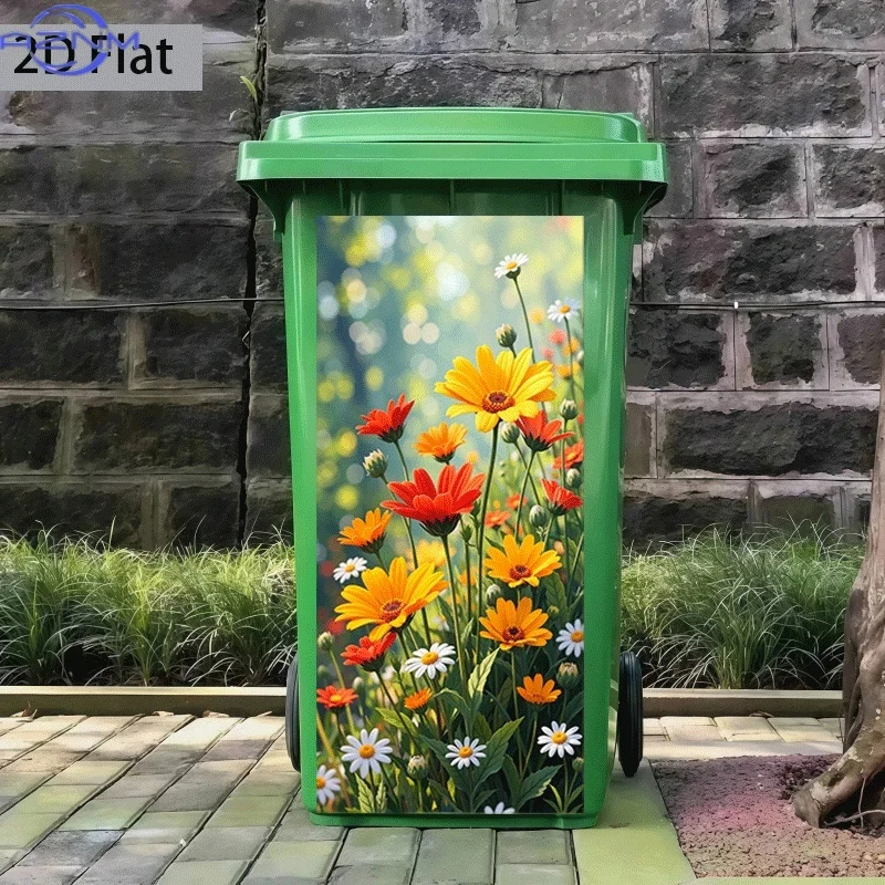 1pc Floral Garbage Can Sticker | X inch Self-Adhesive Wall Decal For Plastic Trash Bins, Kitchen Decor, Rustic Style, Matte En
