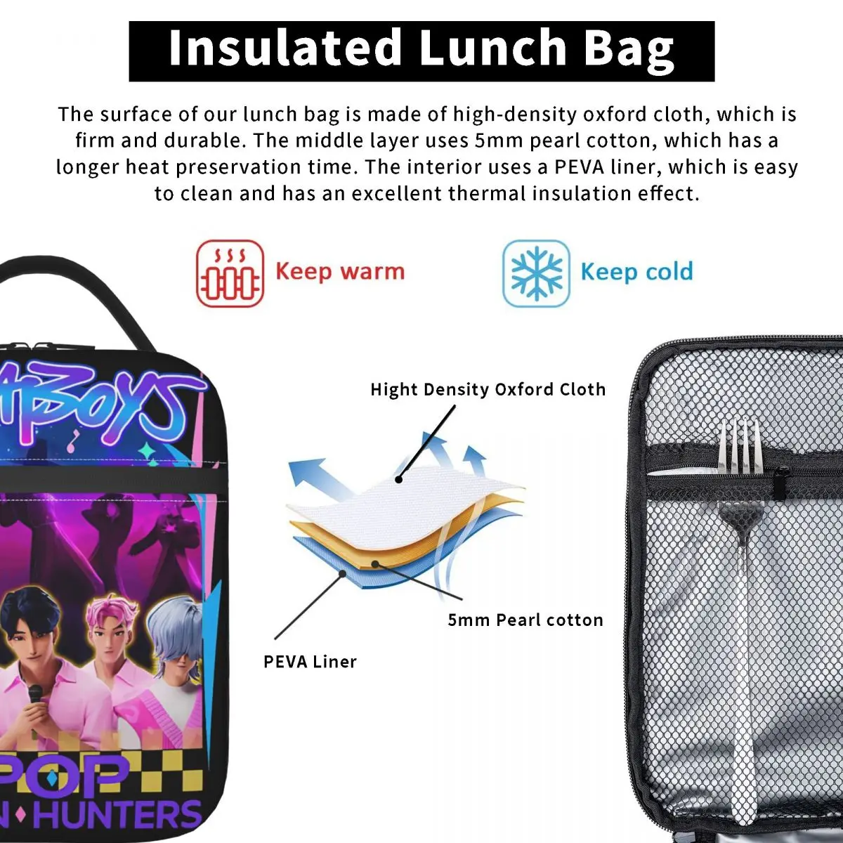 Saja Boys Kpop Hunter Movie Lunchtasche für Kinder, Designer-Lunchbox, Vintage-Schule, Kühltasche, isolierte Oxford-Thermo-Lunchtaschen