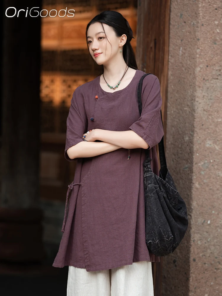 OriGoods surdimensionné longue Blouse lin 2025 été nouveau à manches courtes chemise longue femme Ramie coton Style chinois coupe ample haut C121