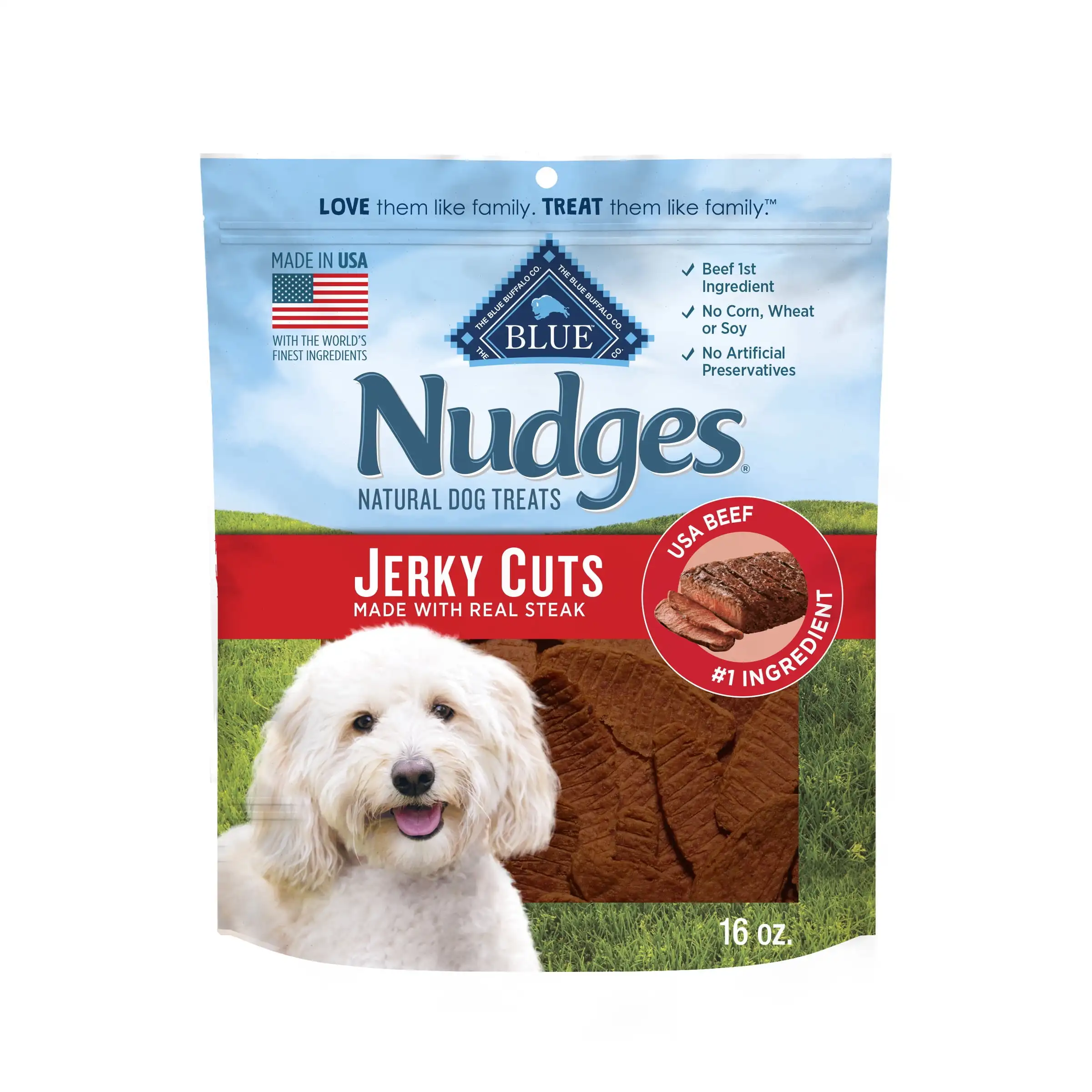 

Лакомства для собак Nudges Jerky Cuts, изготовленные из настоящего стейка, сумка на 16 унций