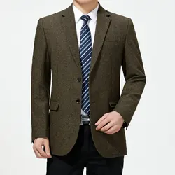 2024 Winter Men Sheep Wool Blend Blazers Gray Camel Navy Tweed Suit Jackets Notched Collar Single Breasted Outfits Male Garments