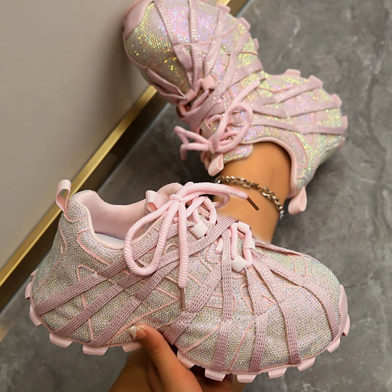

High-quality Thick-soled Round-toe Lace-up Rhinestone Versatile Comfortable Anti-slip Breathable Sports and Casual Women's Shoes