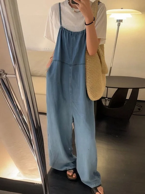 plus Size American Casual Denim Overalls Women Summer Fashionable Loose Slimming High Waist Straight Leg Cotton Blend