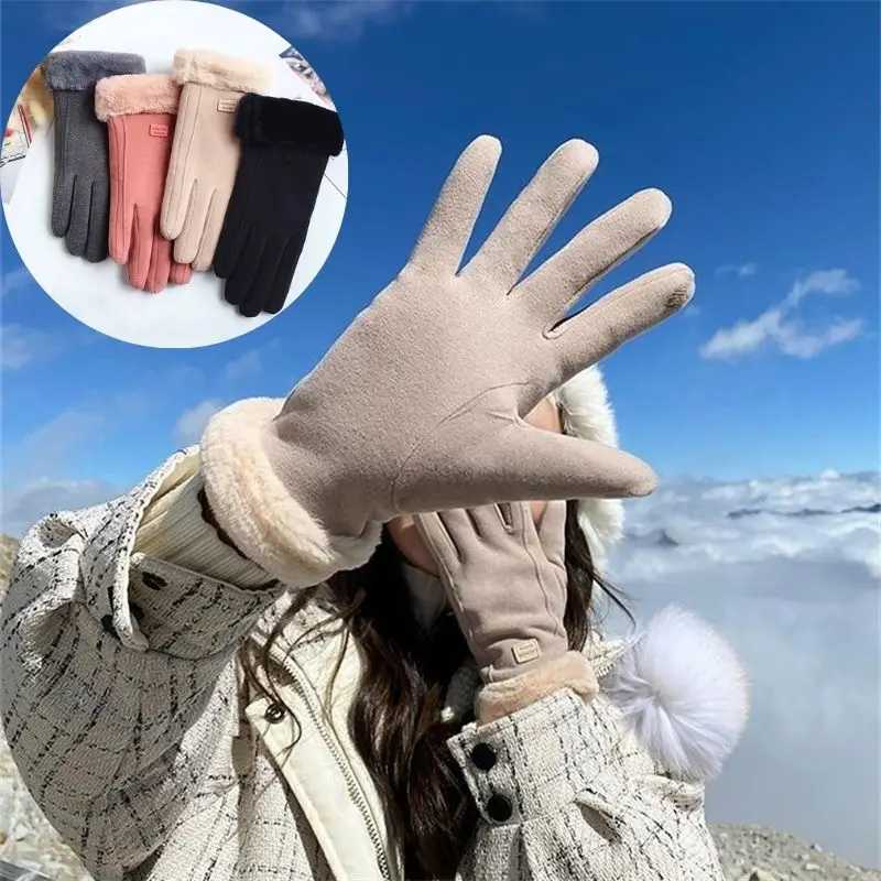 Women Antumn Winter Gloves Warm Fleece Lined Full Finger Touchscreen Gloves Thicken Plush Waterproof Cycling Driving Mittens