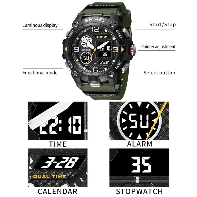 SMAEL Fashion Quartz Watch for Men Orange Men Original Top Brand Casual Sport Style Digital PU Band Dual Display Wristwatch Male