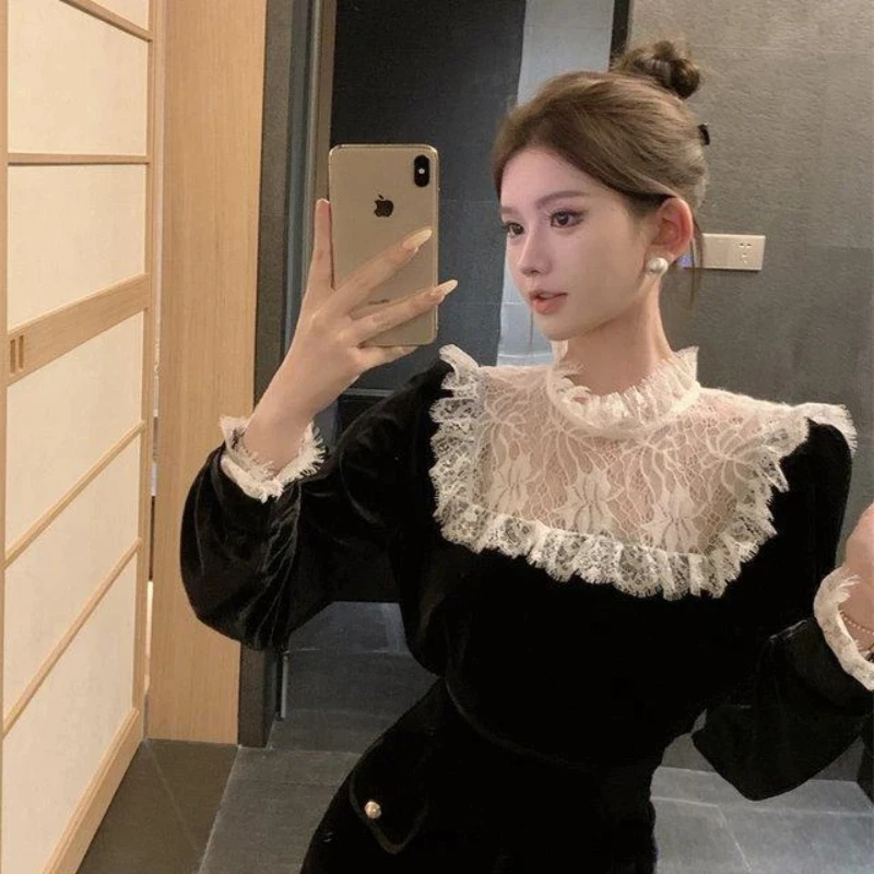 

Elegant Lace Patchwork Loose Tops Women Clothing Long Sleeve All-match Temperament Youth T Shirts Fashion Korean Spring Autumn