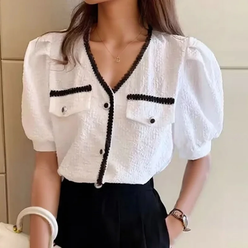 Summer Short Sleeve Elegant Shirt for Women V-Neck French Style Casual Loose Korean Blouse Puff Sleeve White Top Pleated Clothes