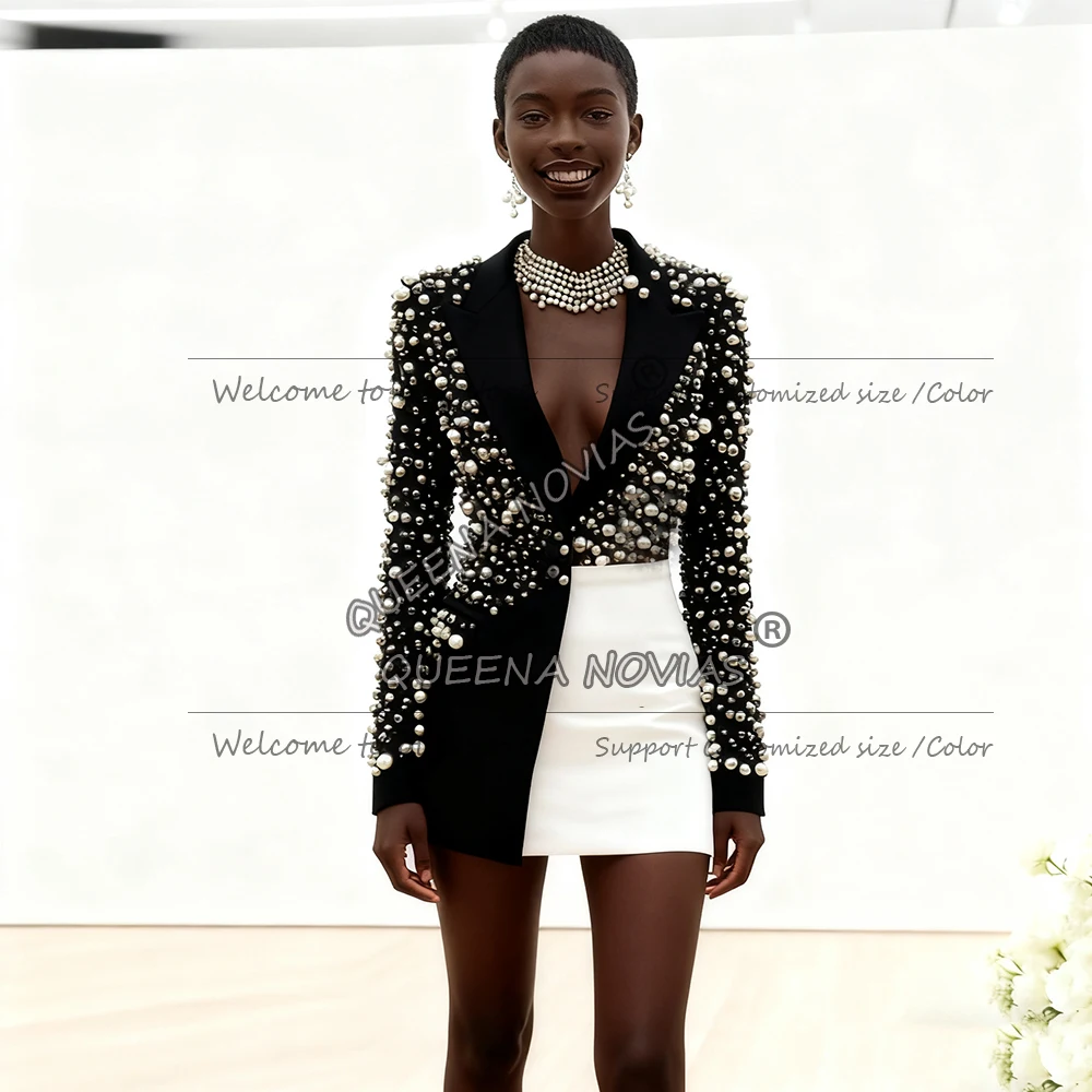 ชุดสูทประดับมุกหรูหราสำหรับผู้หญิง ชุดเซ็ต 2 ชิ้น เสื้อแจ็คเก็ต + กระโปรงสั้น ชุดทำงานสุภาพสตรี ชุดออกงาน ชุดแม่เจ้าสาวสั่งตัดได้ ปี 2026