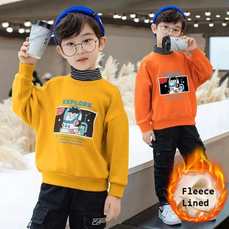 Cotton Winter Boys Patchwork Turtleneck Fleece Lined Sweatshirt School Kids Track Pullover Coat Tops Child Work Jumper 3-14 Yrs