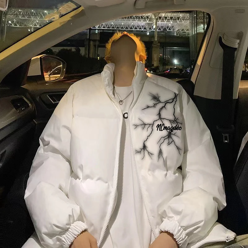 

Белая хлопковая куртка с узором «Гром» для мужчин, зимняя теплая куртка с воротником-стойкой, свободная хлопковая куртка для пар